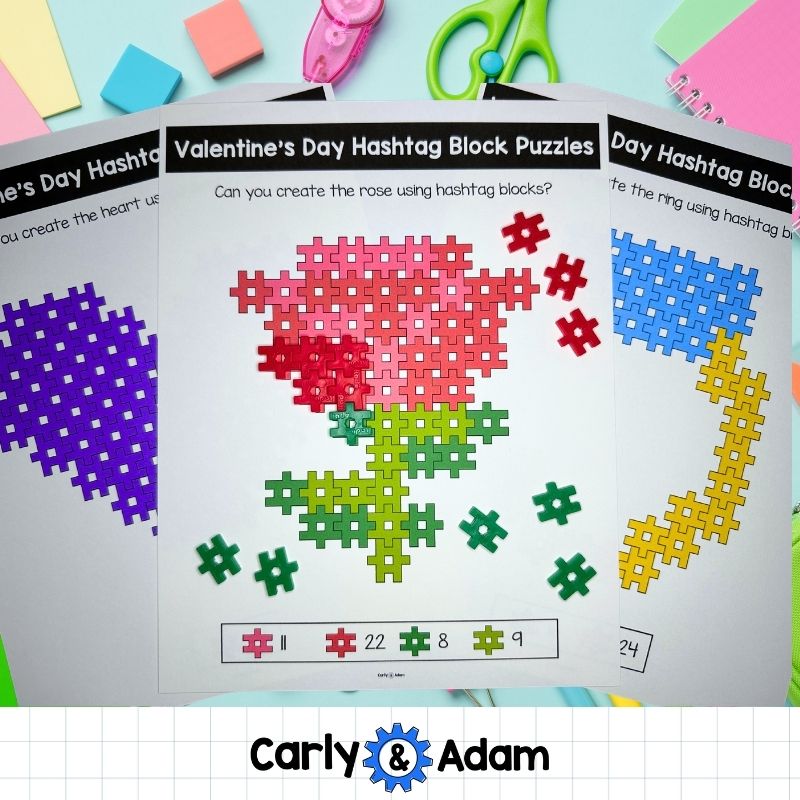 Valentine's Day Hashtag Block STEM Task Cards Pre-K and Kindergarten Activity — preview 2