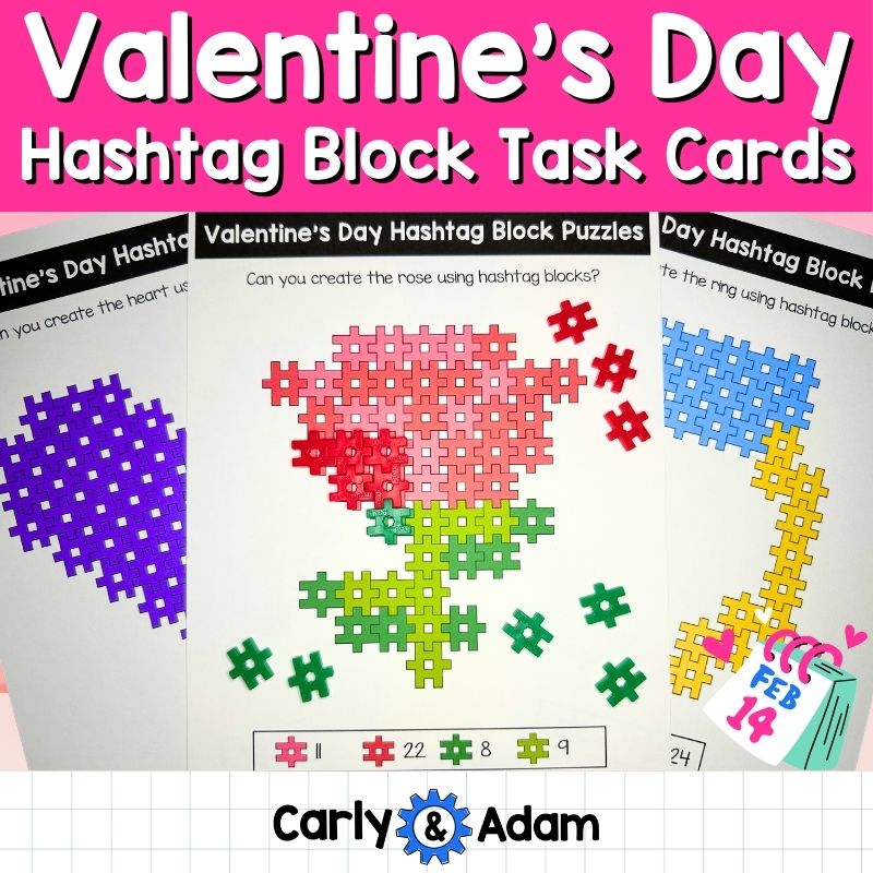 Valentine's Day Hashtag Block STEM Task Cards Pre-K and Kindergarten Activity — preview 1
