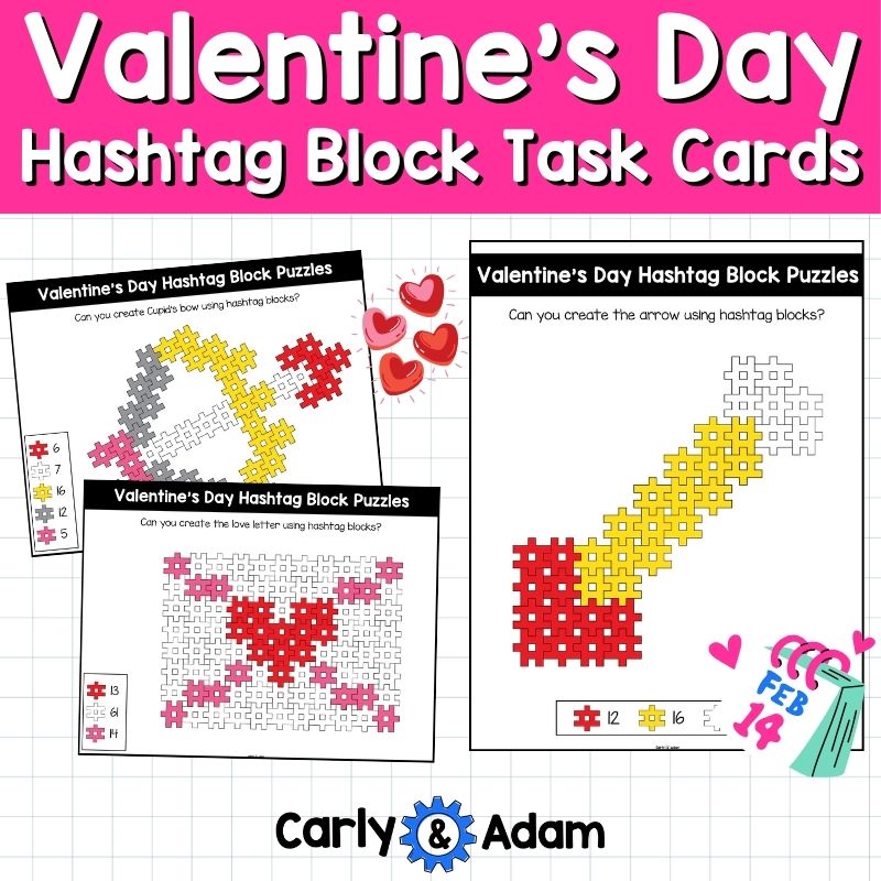 Valentine's Day Hashtag Block STEM Task Cards Pre-K and Kindergarten Activity — preview 3