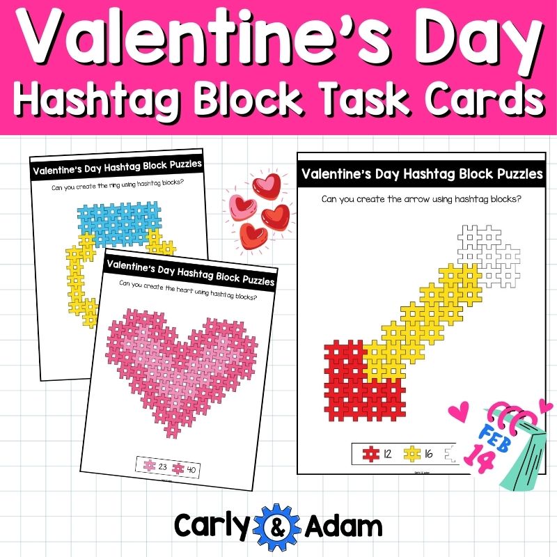 Valentine's Day Hashtag Block STEM Task Cards Pre-K and Kindergarten Activity — preview 4