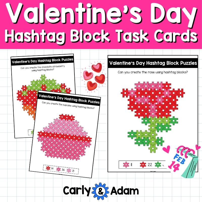 Valentine's Day Hashtag Block STEM Task Cards Pre-K and Kindergarten Activity — preview 5