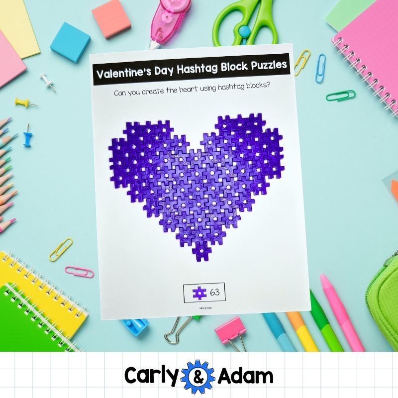 Valentine's Day Hashtag Block STEM Task Cards Pre-K and Kindergarten Activity — preview 6