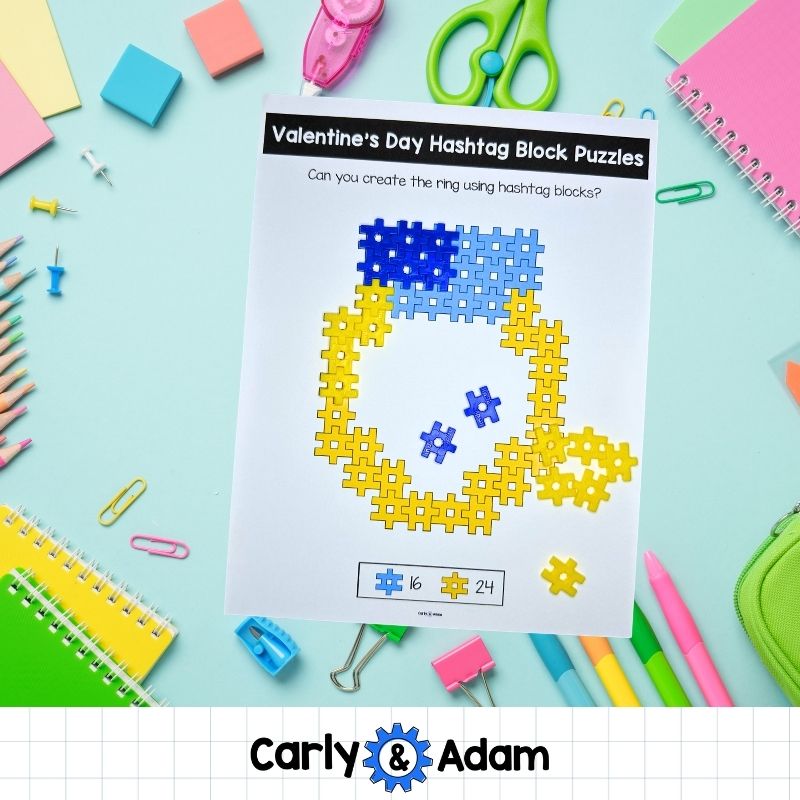 Valentine's Day Hashtag Block STEM Task Cards Pre-K and Kindergarten Activity — preview 7