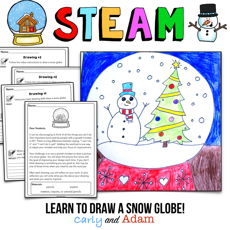Snow Globe Directed Drawing Growth Mindset Winter STEAM Activity
