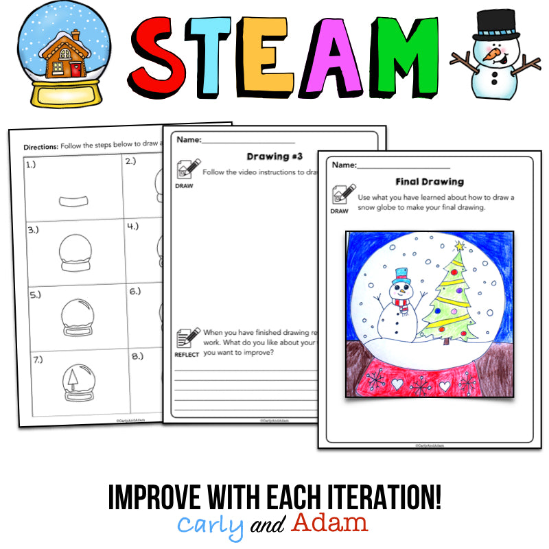 Snow Globe Directed Drawing Growth Mindset Winter STEAM Activity