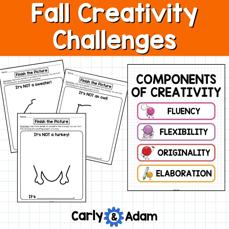 Fall Creativity Challenges Finish the Picture Activities, Brain Breaks, Sub Plans, Morning Work, Leaves, Acorns