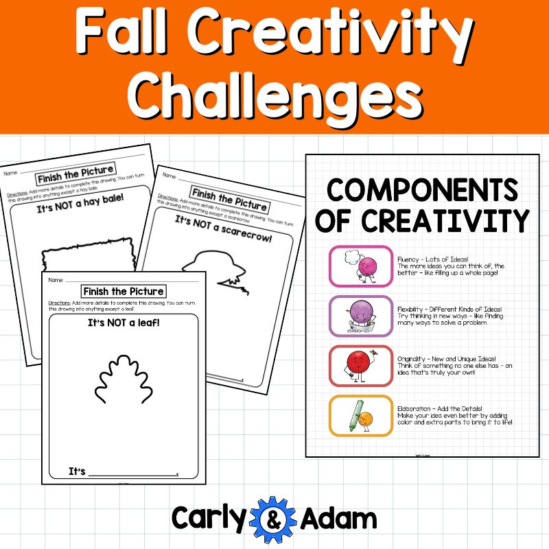 Fall Creativity Challenges Finish the Picture Activities, Brain Breaks, Sub Plans, Morning Work, Leaves, Acorns