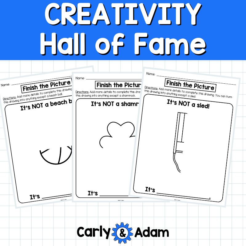 Creativity Hall of Fame - Creativity Challenges Finish the Picture Activities and Bulletin Board Display