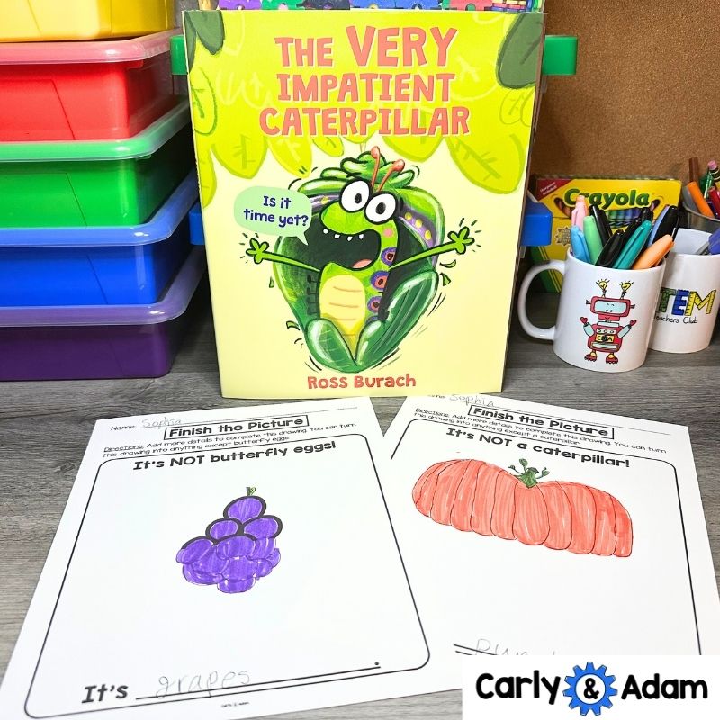 The Very Impatient Caterpillar Creativity Challenges - Caterpillar to Butterfly Life Cycle Patterns Finish the Picture Activities Morning Work