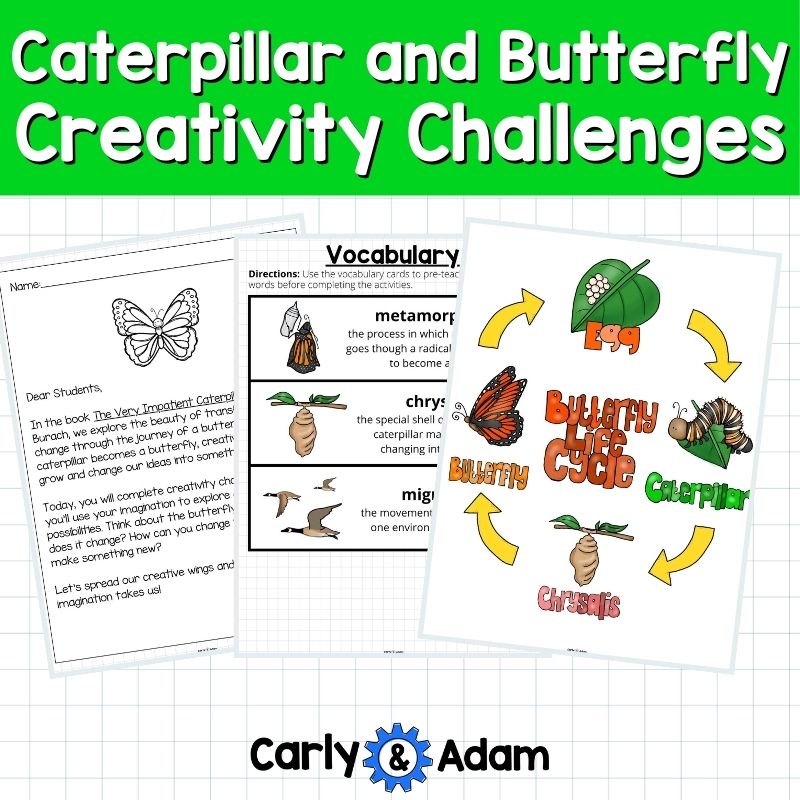 The Very Impatient Caterpillar Creativity Challenges - Caterpillar to Butterfly Life Cycle Patterns Finish the Picture Activities Morning Work