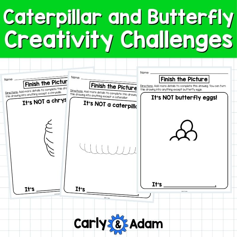 The Very Impatient Caterpillar Creativity Challenges - Caterpillar to Butterfly Life Cycle Patterns Finish the Picture Activities Morning Work